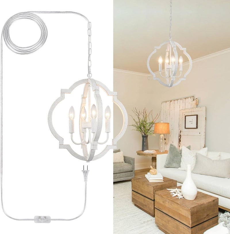 LASENCHOO Plug in White Farmhouse Chandelier Lighting with Long Cord, 4-Light Hanging Light Fixture Plug in Pendant Light for Ceiling, Wood Rustic Geometric Chandeliers for Dining Room Gazebo Outdoor - Image 1